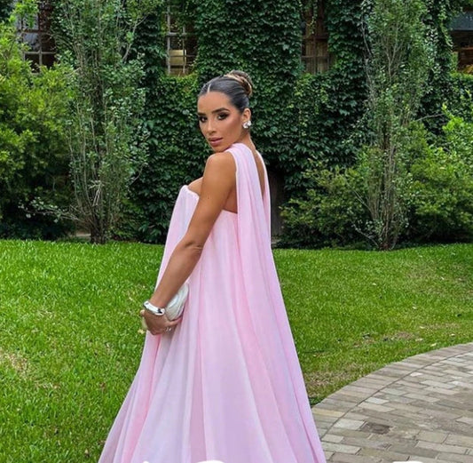 Vestido de noche sencillo rosa sin tirantes, corte A, con escote en V y abertura en la espalda, de gasa, largo hasta el suelo, para cenas y fiestas. 
