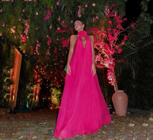 Sexy cuello Halter De gasa De seda فساتين السهرة deslumbrante fucsia Vestidos De Noche cómodo cuelga hasta el suelo vestido De fiesta 