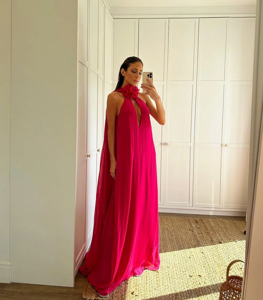 Sexy Halter Neck Silk Chiffon فساتين السهرة Glaring Fúcsia Vestidos De Noche Confortável Pendura Até O Chão Vestido de Baile