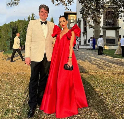 V-neck Red Silk A-line Floor Lenght Prom Dress Sexy Open Back Satin Prom Gown