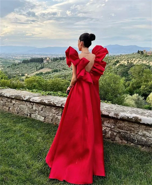 V-neck Red Silk A-line Floor Lenght Prom Dress Sexy Open Back Satin Prom Gown