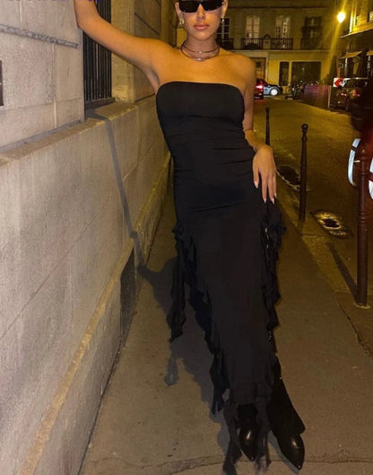 Elegant Strapless Dress Women Irregular Tassel Summer Trend Skinny Split Maxi Bodycon Birthday Party Clubwear