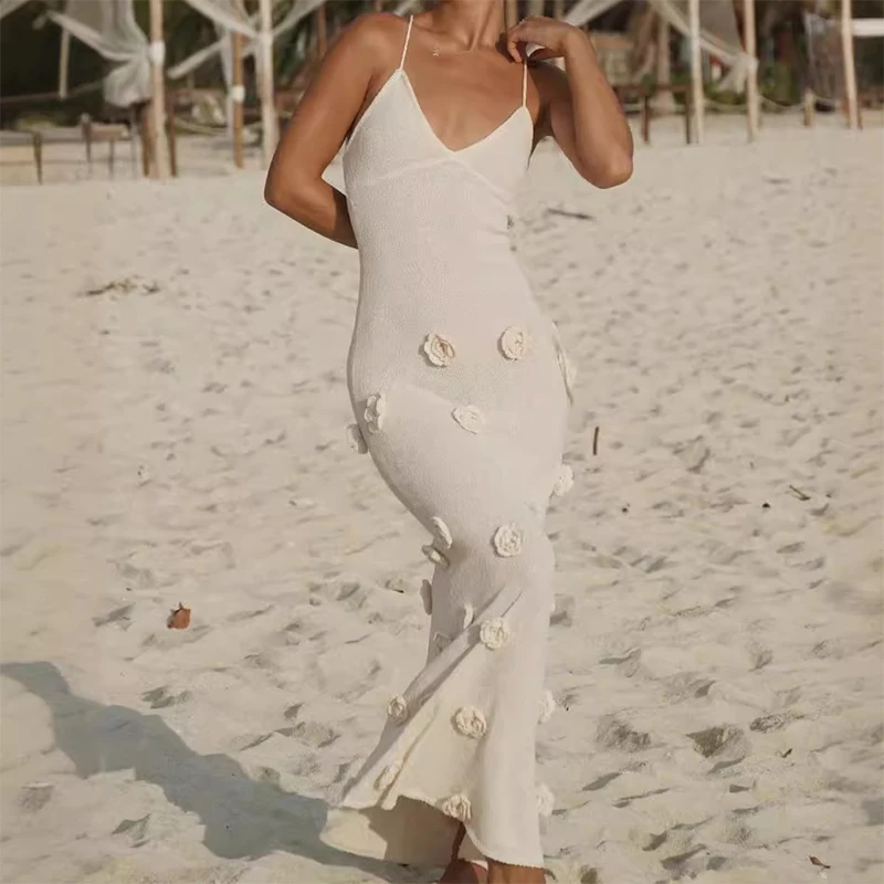 Elegant 3d Flower Knit Dress Women Sexy V-neck Sleeveless Sling Female Long Beach Dresses