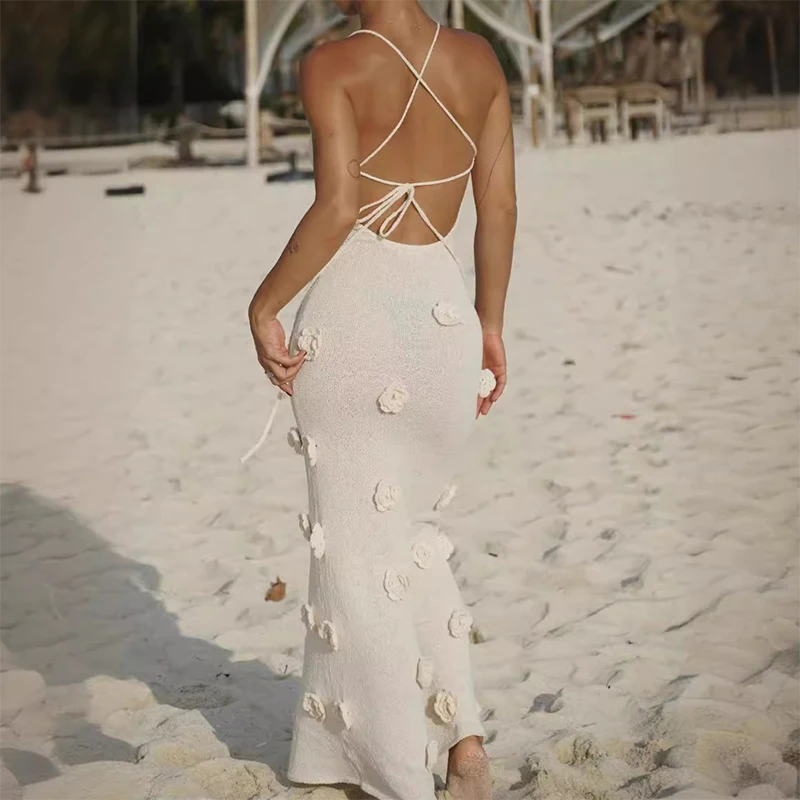 Elegant 3d Flower Knit Dress Women Sexy V-neck Sleeveless Sling Female Long Beach Dresses