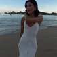 Elegant 3d Flower Knit Dress Women Sexy V-neck Sleeveless Sling Female Long Beach Dresses