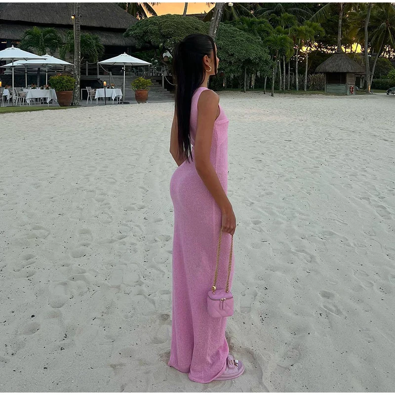 Elegant 3d Flower Knit Dress Women Sexy V-neck Sleeveless Sling Female Long Beach Dresses Summer Fashion Slim Lady Robes