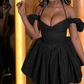 Vestido mini con hombros descubiertos y mangas abullonadas para mujer, negro, cuello halter, ajustado, para fiesta de verano, moda de club. 