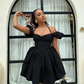 Vestido mini con hombros descubiertos y mangas abullonadas para mujer, negro, cuello halter, ajustado, para fiesta de verano, moda de club. 