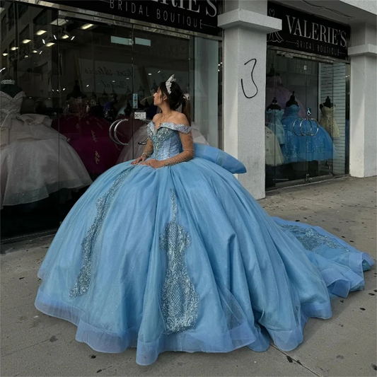 Vestido de baile brilhante com ombros à mostra, elegante, sem mangas, vestido de quinceanera, clássico, com apliques de flores 3D, para festa de 16 anos
