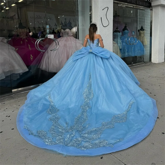 Vestido de baile brilhante com ombros à mostra, elegante, sem mangas, vestido de quinceanera, clássico, com apliques de flores 3D, para festa de 16 anos 