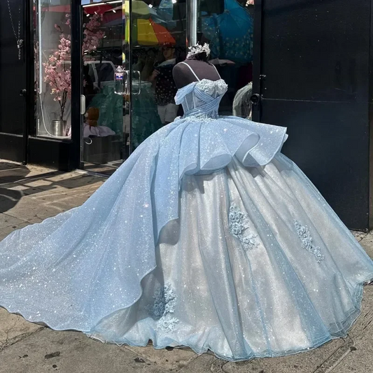 Vestido de baile azul-celeste com apliques de renda, fotos reais, para 16 anos, princesa, baile, festa de aniversário, quinceanera, vestidos de 15 anos