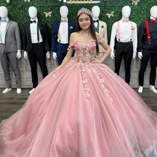 Rosa floral quinceanera vestidos fora do ombro 3d flor rendas apliques festa de aniversário vestido de baile vestidos de 15 anos 