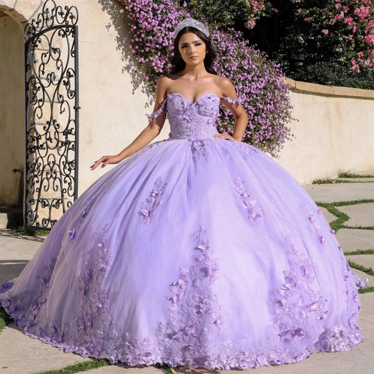 Vestido de quinceanera lavanda, coração, laço 3D, borboleta, renda, vestido de baile com capa de cristal, vestidos de 15 anos