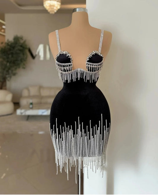 Black Velvet Evening Dress Party Birthday Crystals Tassel Mini Sheath Bridal Dresses