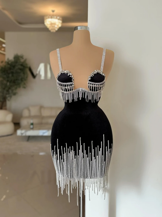 Black Velvet Evening Dress Party Birthday Crystals Tassel Mini Sheath Bridal Dresses