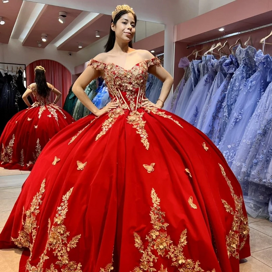 Vestido de baile vermelho, vestidos de quinceanera, vestido de 16 anos, tule, dourado, flores 3D, laço