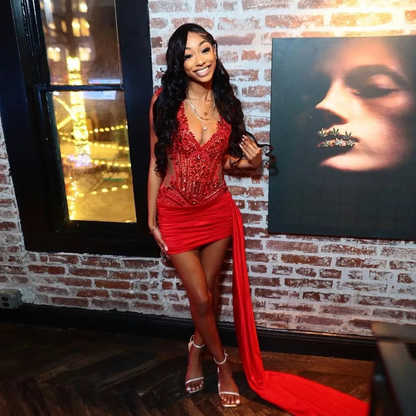 Red Sparkly Short Prom Homecoming Dresses with Side Train Luxury Diamond Crystal Birthday Party Gown