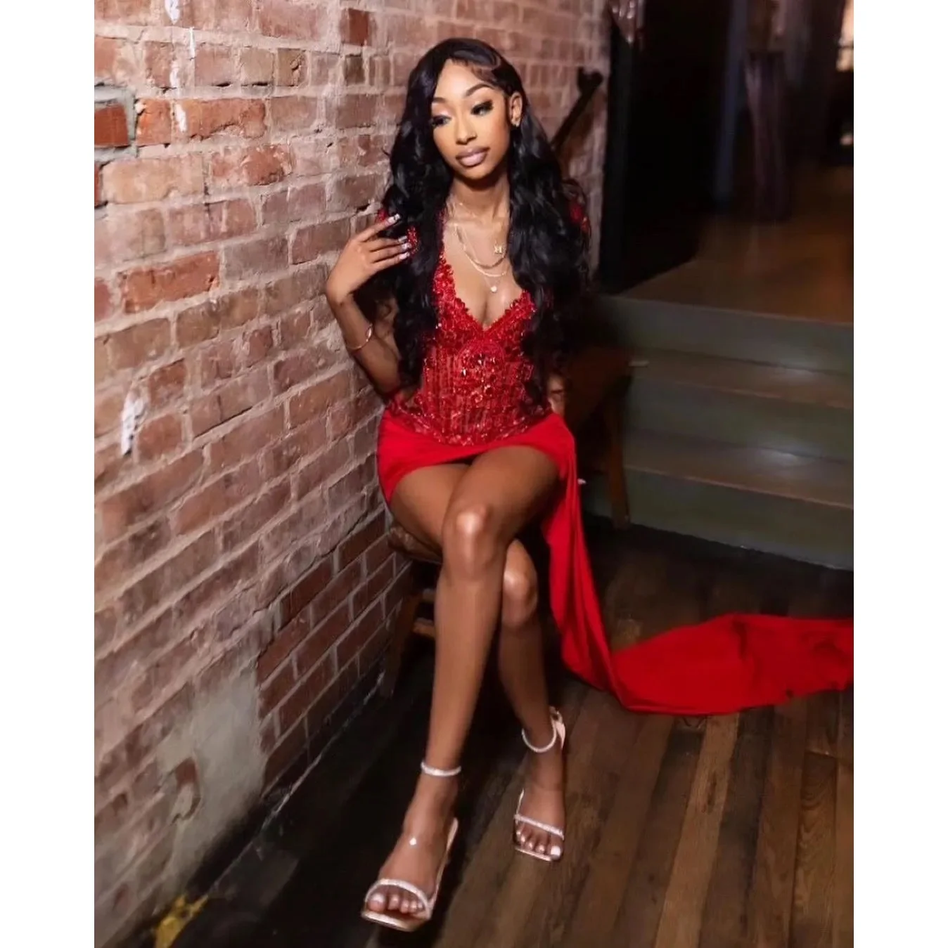 Red Sparkly Short Prom Homecoming Dresses with Side Train Luxury Diamond Crystal Birthday Party Gown