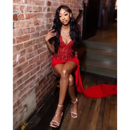 Red Sparkly Short Prom Homecoming Dresses with Side Train Luxury Diamond Crystal Birthday Party Gown