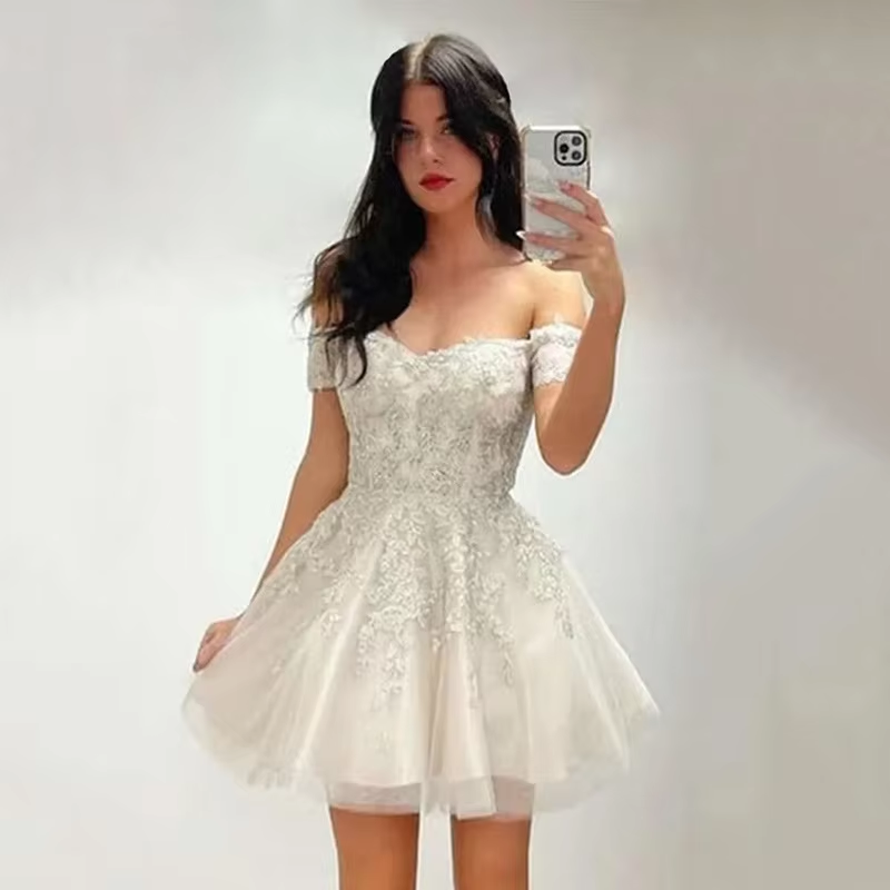 Above Mini Skirt Off Shoulder Homecoming Dresses Appliques Lace Up Prom Graduation Gowns Formal Occasion