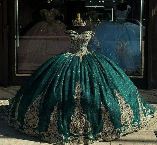 Vestido de quinceanera verde, vestido de baile, apliques de renda dourada, espartilho com contas, festa de 16 anos