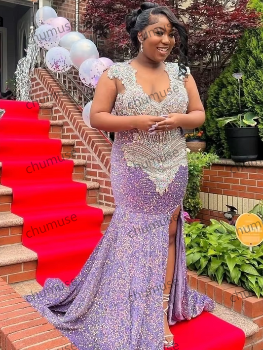 Vestido de fiesta de lentejuelas moradas para chicas negras, abertura alta, con cuentas de cristal plateadas 