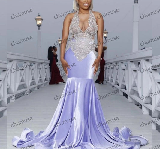 Vestido de fiesta de sirena de terciopelo lavanda brillante para chicas negras plateado 