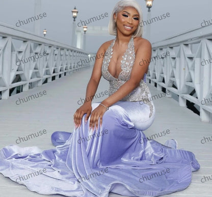 فستان حورية البحر المخملي اللامع باللون الخزامي للفتيات ذوات البشرة السوداء والفضي 