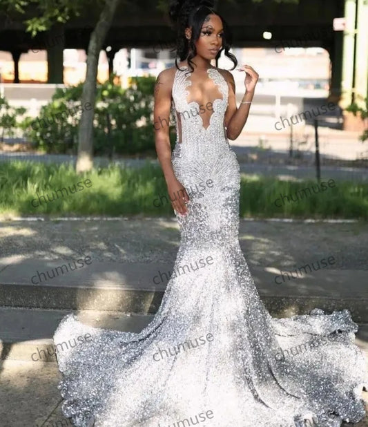 Vestido de fiesta de sirena con diamantes plateados y sexy para chica negra brillante