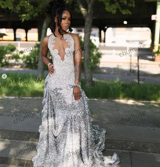 Vestido de fiesta de sirena con diamantes plateados y sexy para chica negra brillante