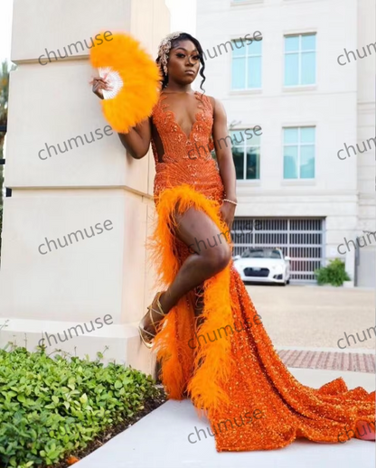 Orange Sparkly African Evening Reception Dresses