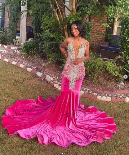 Fuchsia Pink Sparkly Long Prom Formal Reception Dresses