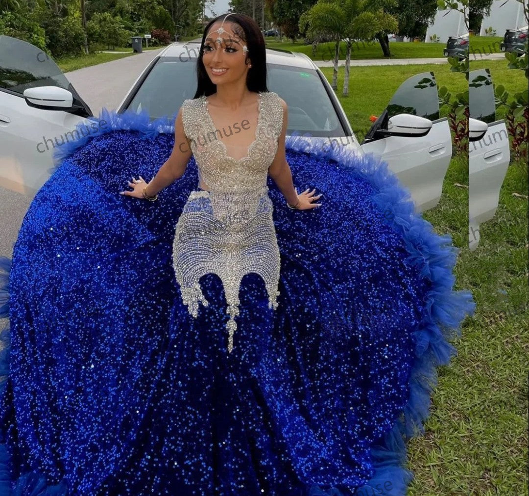 فستان سهرة طويل أزرق ملكي، مزين بالكريستال اللامع للنساء ذوات البشرة السمراء، مزين بالكشكشة والخرز 