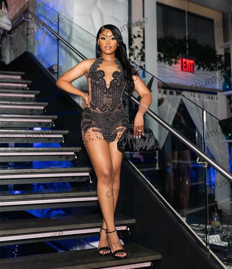 Robe de bal courte à paillettes et strass en cristal et perles pour fête d'anniversaire 