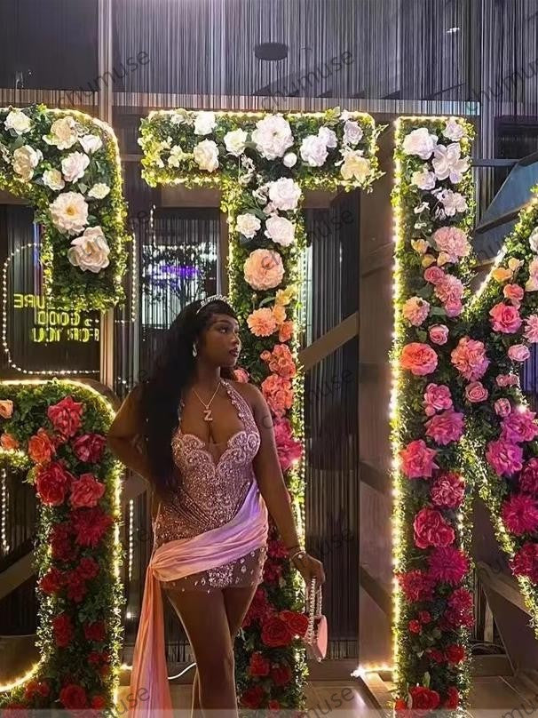 Sparkly Pink Diamonds Prom Dress Halter Glitter Bead Crystal Rhinestones Side Train