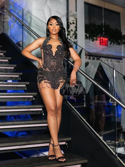 Vestido corto sexy con brillantes diamantes negros para fiesta de graduación, con cuentas de cristal y diamantes de imitación, para fiesta de cumpleaños, cóctel y regreso a casa, personalizado. 