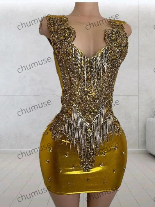 Charming Gold Mermaid Prom Dresses Sparkly Diamond Crystal African Black Girl Short Prom Dress