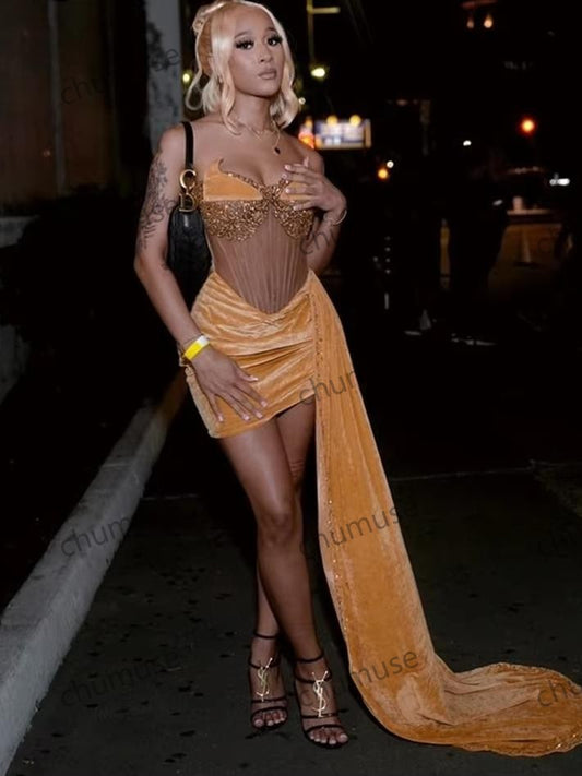Gold Velvet Prom Dress Women Luxury Crystal Beads Birthday Party Cocktail Gown