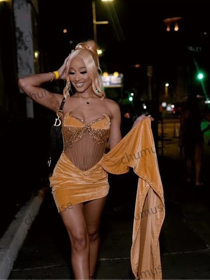 Gold Velvet Prom Dress Women Luxury Crystal Beads Birthday Party Cocktail Gown