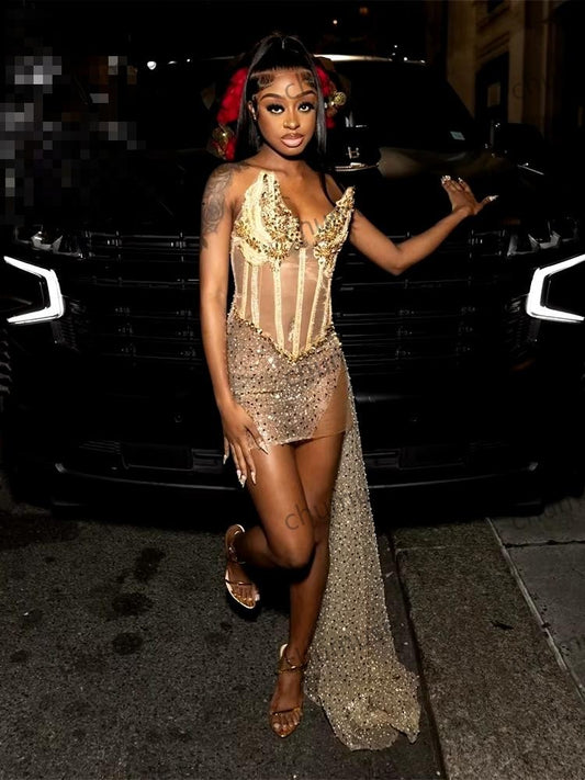 Gold Strapless Bead Crystal Rhinestone Prom Dresses Short Sequin Black Girl
