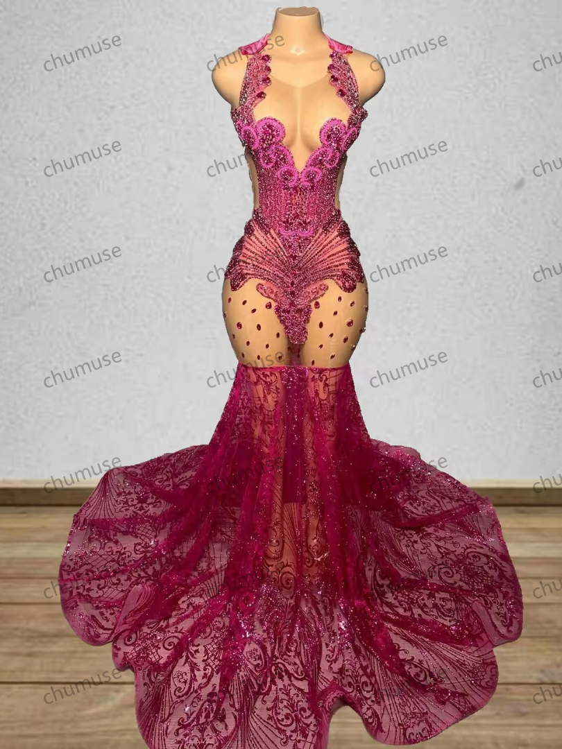 Robes de bal rose vif, robes de soirée d'anniversaire sirène de luxe pour filles noires en diamant 