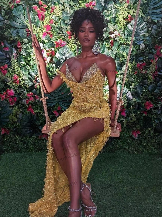 Vestido de noche de sirena con lentejuelas doradas brillantes, escote en V y cristales, para graduación, con abertura alta, para ocasiones especiales. 