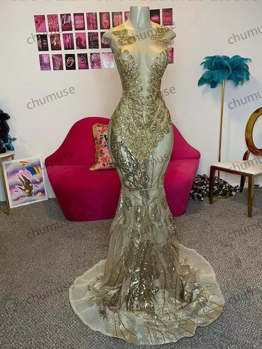 Gold Prom Dresses Black Girls O Neck Sexy Mermaid Gowns