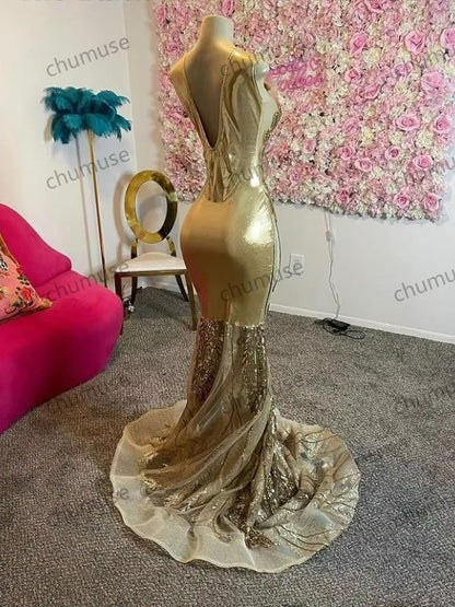 Gold Prom Dresses Black Girls O Neck Sexy Mermaid Gowns