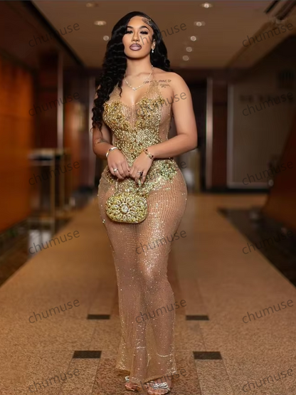 فساتين حفلات أعياد الميلاد المثيرة للفتيات السود مزينة بأحجار الراين والترتر، بتصميم التول 