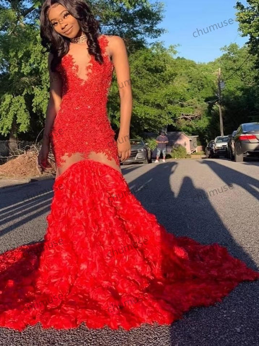 Beautiful Red Prom Dresses With Rose Bottom Elegant Mermaid Black Girls Evening Gowns African Lace Formal Birthday
