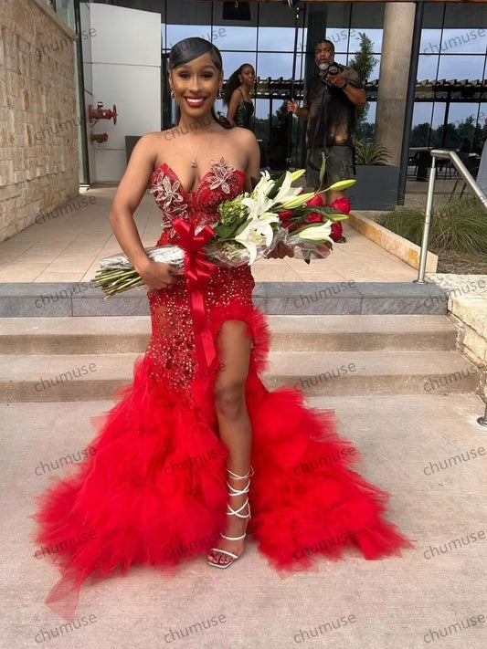 Sexy Black Girls Sequins Red Prom Dress Crystal Beaded High Slit Ruffles African Party