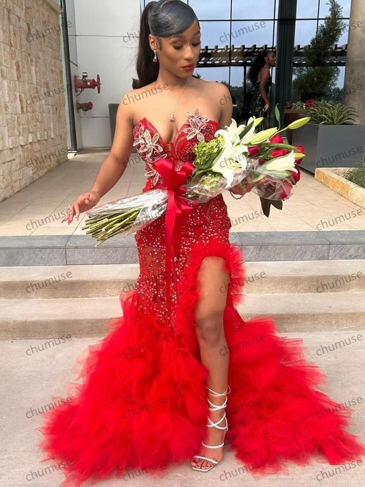 Sexy Black Girls Sequins Red Prom Dress Crystal Beaded High Slit Ruffles African Party