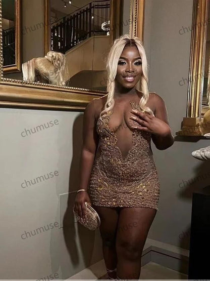 Vestido de fiesta con brillantes diamantes dorados para chicas negras, con cuentas brillantes y cristales de imitación, para fiesta de cumpleaños, cóctel, graduación y regreso a casa.