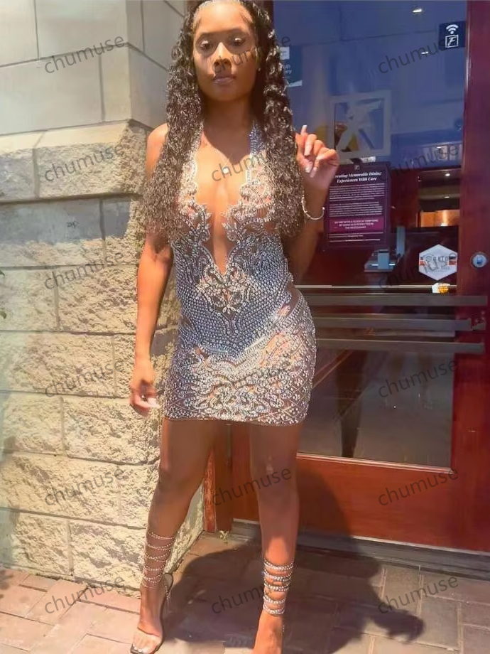 Black Girl Sheer Mesh Mini Evening Cocktail Dresses Sparkly Luxury Crystal Beaded Custom Dubai Birthday Party Gown